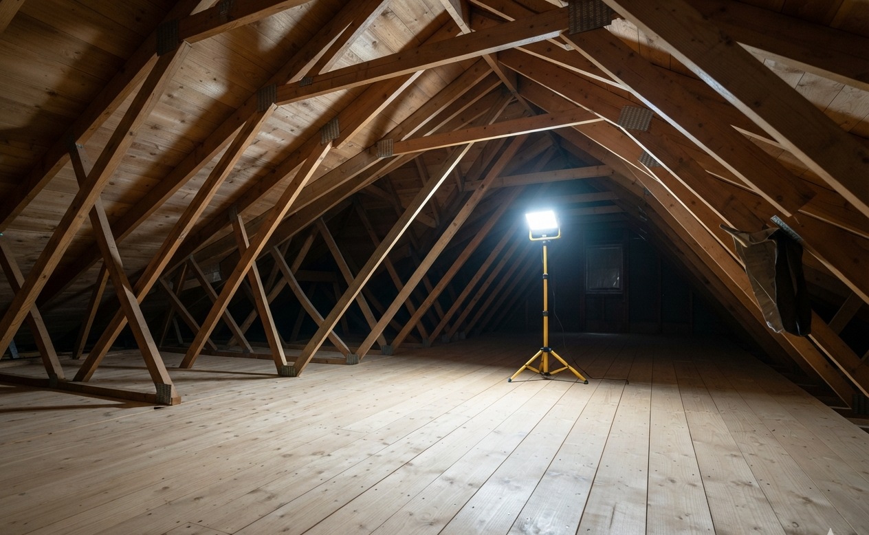 A clear roof space after removal, with the trusses exposed.